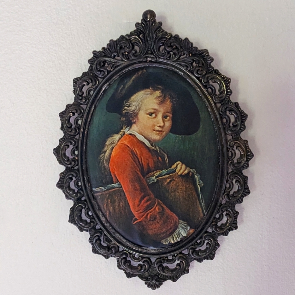 Vintage Antique Victorian Oval Boy Picture Printed on Silk in Brass Frame